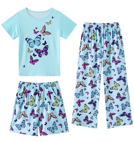 Fanient Schlafanzug für Mädchen Blau Schmetterling Drucken Pyjamas Mädchen Niedliche Kurzarm Dreiteiliger Pyjama Sets 9-10 Jahre von Fanient