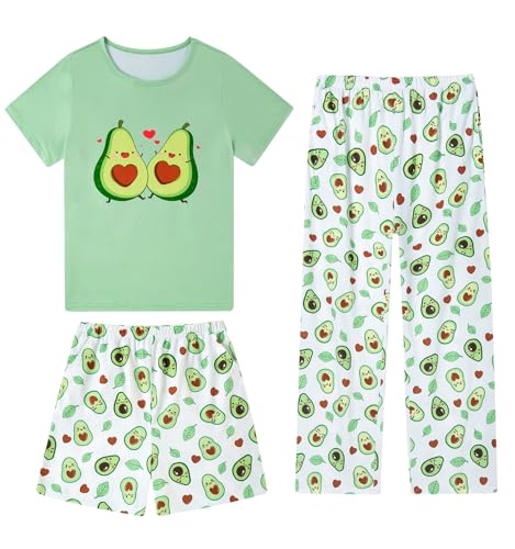 Fanient Schlafanzug für Mädchen Liebe Avocado Drucken Pyjama Sets Mädchen Dreiteiliger Pyjamas 9-10 Jahre von Fanient