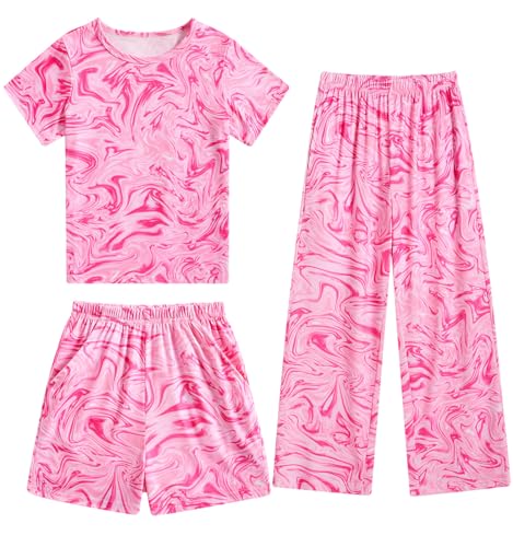 Fanient Schlafanzug für Mädchen Rosa Drucken Pyjamas Mädchen Niedliche Kurzarm Dreiteiliger Pyjama Sets 13-14 Jahre von Fanient