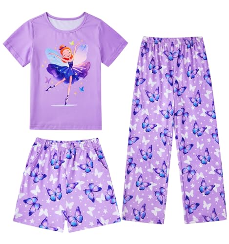 Fanient Schlafanzug für Mädchen Schmetterlingsfee Pyjamas Girls Niedliche Dreiteiliger Pyjama Sets 13-14 Jahre von Fanient