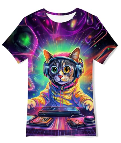 Fanient Tshirt Jungen Mädchen Cooler Weltraumkatzen Druck Tshirts Kinder 3D T-Shirt Tägliches Tragen Shirt 13-14 Jahre L von Fanient