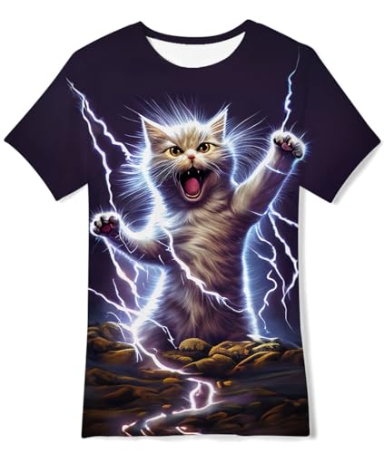 Fanient Tshirt für Jungen Tshirts Kinder Blitzkatze Druck Tshirts Cool Tägliches Tragen T-Shirt Mädchen 13-14 Jahre L von Fanient