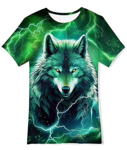 Fanient Tshirts Jungen Mädchen Cooler Grüner Wolf Druck Tshirt Kinder Alltäglicher Streetstyle Kurzarm Shirt 13-14 Jahre L von Fanient