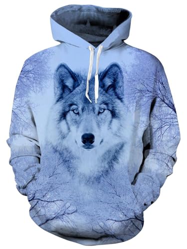 Fanient Unisex Pullover Herren Damen Kapuzenpullover Cool 3D Wolf Druck Pullover Fleece Kapuzenpullover Streetstyle Pullover XXL von Fanient