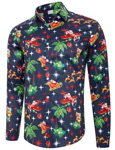 Fanient Weihnachtshemd Männer Slim Fit Langarm Blumenhemd Weihnachtsmann Hawaii Muster Casual Button Down Urlaub Kostümhemden M von Fanient