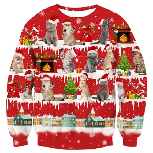 Fanient Weihnachtspulli für Damen Mädchen 3D Gedruckt Katze Muster Rundhalsausschnitt Pulli Süße Katze Sweatshirts M von Fanient