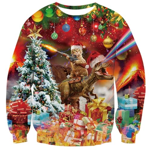 Fanient Weihnachtspullover für Damen Herren Lustig Katze Dinosaurier Druck Sweatshirts Unisex Rundhals Weihnachtspullover L von Fanient