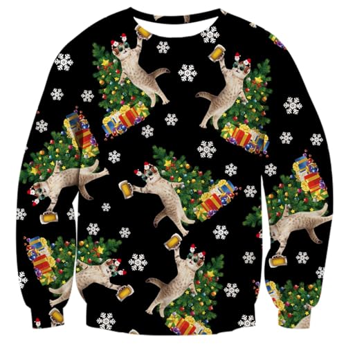 Fanient Weihnachtspullover für Herren Damen DJ Cat Druck Muster Rundhals Langarmshirt Unisex Sweatshirts L von Fanient