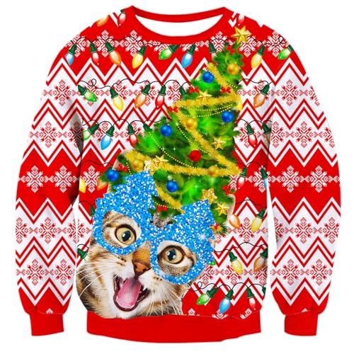 Fanient Weihnachtspullover für Herren Damen Ugly Weihnachts Sweatshirts Funny Katze Druck Pullover Weihnachtsfeier Sweatshirt XL von Fanient