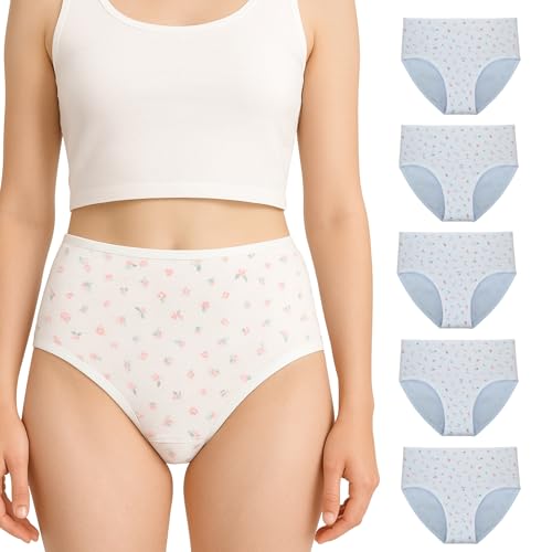 Unterhosen Damen Baumwolle Tailenslips 5er Pack Baumwoll unterwäsche Slips Damenslips Mehrpack Größe S bis 2XL (DE/NL/SE/PL, Alphanumerisch, XXL, Regular, Regular, 5er Set Weiß mit Blumenmuster) von Fanlaf