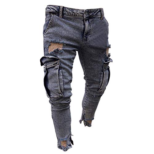 Fannyfuny Mode Herren Destroyed Jeans-Hose mit Taschen Reißverschluss Herren Slim Fit Jeans Denim Used Look Mit Destroyed-Optik Teen Jungen Party Kleidung Hellblau S-XXXXL von Fannyfuny Hose