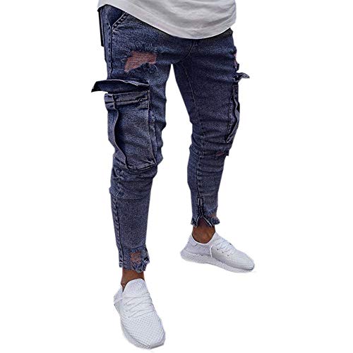 Fannyfuny Mode Herren Destroyed Jeans-Hose mit Taschen Reißverschluss Herren Slim Fit Jeans Denim Used Look Mit Destroyed-Optik Teen Jungen Party Kleidung Hellblau S-XXXXL von Fannyfuny Hose