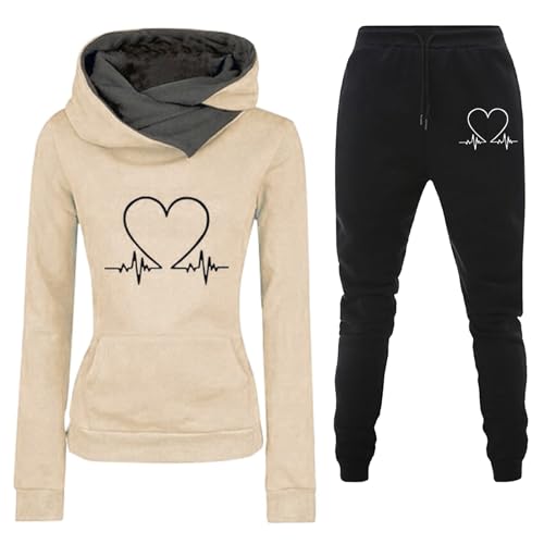 Damen Trainingsanzug Set 2-Teilig Heartbeat Print Hoodie Jogginghose Sweatshirt Hose Zweiteiler Jogginganzüge Damen Kapuzenpullover Sporthose Set Herbst Winter Sportanzug Hausanzug Y2K 2024 Hoodies von Fannyfuny