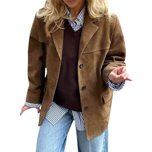 Fannyfuny 2024 Damen Faux Wildleder Jacke Revers Kragen Wildleder Blazer Jacken Autumn Winter Langarm Mode Wildleder Leder Anzug Jacken Oversized Outwear mit Taschen von Fannyfuny