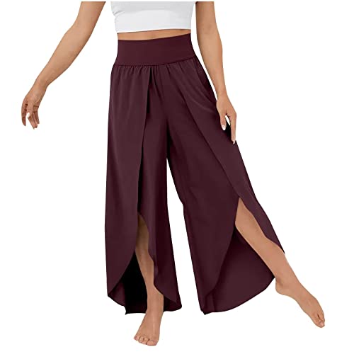 Fannyfuny Culottes Hosen Damen Leichte Sommerhose,Damen Wickelhose mit Schlitz Weites Bein Rüschen Hose Damen Sommer Yogahose Leicht Luftige Sommerhosen Plissee Bequeme Sporthose für Frauen Schlaghose von Fannyfuny