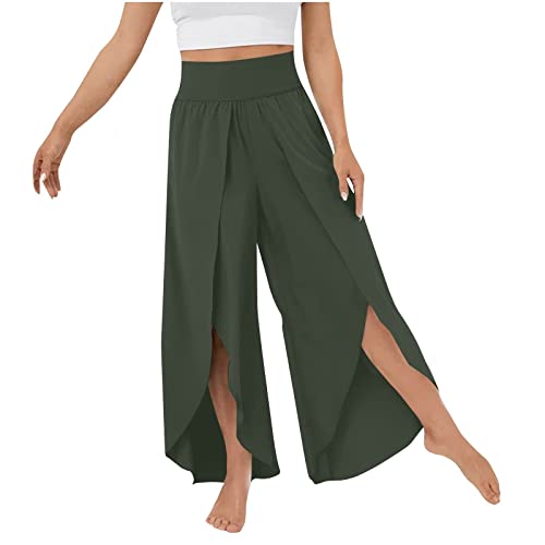 Fannyfuny Culottes Hosen Damen Leichte Sommerhose,Damen Wickelhose mit Schlitz Weites Bein Rüschen Hose Damen Sommer Yogahose Leicht Luftige Sommerhosen Plissee Bequeme Sporthose für Frauen Schlaghose von Fannyfuny