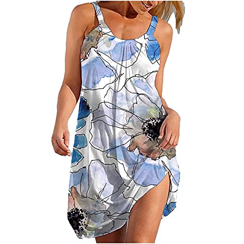 Fannyfuny Damen Kleid Bedrucktes Camisole-Kleid Ärmellos Elegant Kleider Sommerkleid Kurze Strandkleider Leichte Freizeitkleid Blumen Drucken Kleid Knielang Ärmellos Sommer Kleider Sexy Elegant Kleid von Fannyfuny