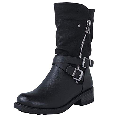 Fannyfuny Damen Mittelhoher Stiefel mit Blockabsatz Profilsohle und Wild Side ReißVerschluss für Frauen Mädchen Outdoor Winterstiefel Schlupfstiefel Zipper Stiefel Casual Halbschaft Stiefel Schwarz von Fannyfuny