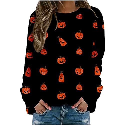 Fannyfuny Halloween Kostüm Damen, Langarmshirt Damen Halloween Druck Pullover Süße Pumpkin Halloween Kleidung Crewneck Langarmshirt Herbst Vintage Print Sweatshirts Halloween Karneval Kostüme von Fannyfuny