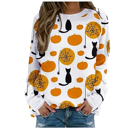 Fannyfuny Halloween Kostüm Damen, Langarmshirt Damen Halloween Druck Pullover Süße Pumpkin Halloween Kleidung Crewneck Langarmshirt Herbst Vintage Print Sweatshirts Halloween Karneval Kostüme von Fannyfuny