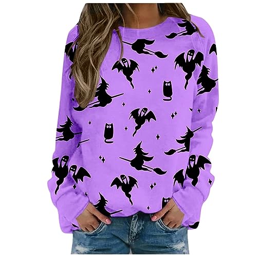 Fannyfuny Halloween Kostüm Damen, Langarmshirt Damen Halloween Druck Pullover Süße Pumpkin Halloween Kleidung Crewneck Langarmshirt Herbst Vintage Print Sweatshirts Halloween Karneval Kostüme von Fannyfuny