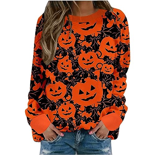 Fannyfuny Halloween Kostüm Damen, Langarmshirt Damen Halloween Druck Pullover Süße Pumpkin Halloween Kleidung Crewneck Langarmshirt Herbst Vintage Print Sweatshirts Halloween Karneval Kostüme von Fannyfuny