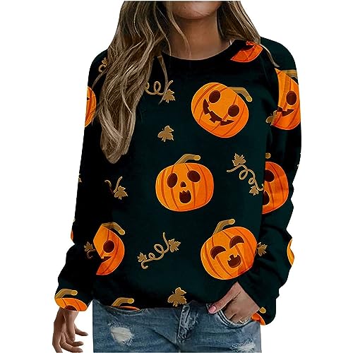 Fannyfuny Halloween Kostüm Damen, Langarmshirt Damen Halloween Druck Pullover Süße Pumpkin Halloween Kleidung Crewneck Langarmshirt Herbst Vintage Print Sweatshirts Halloween Karneval Kostüme von Fannyfuny