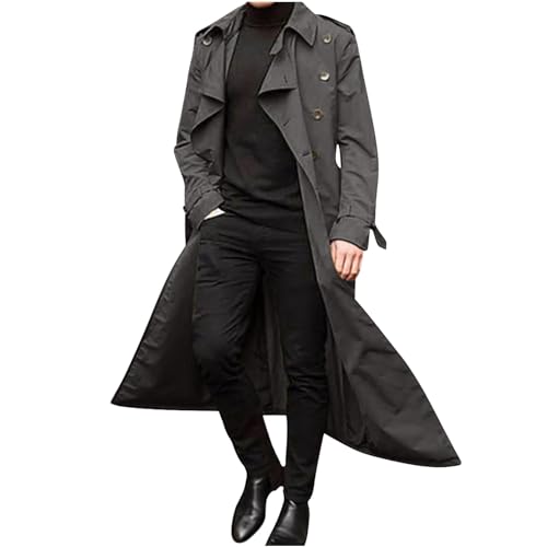 Fannyfuny Herren Winter Schlanker Stilvoller Trenchcoat Zweireihig Langarm Solide Lange Jacke mit Gürtel für die Arbeit und den Urlaub Trenchcoat Herren Mantel Cardigan Herren Mantel Mit Gürtel Herren von Fannyfuny