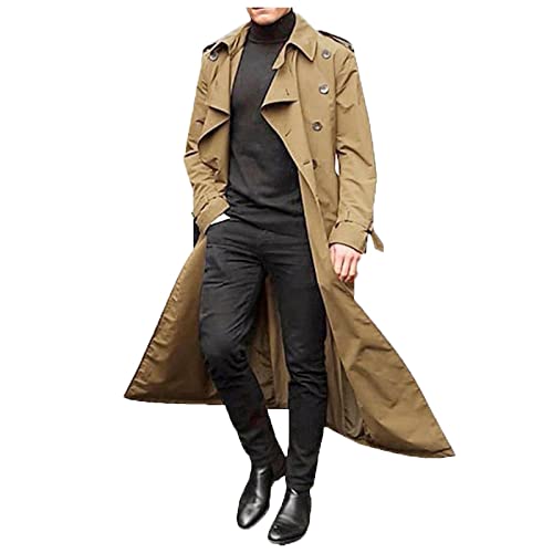 Fannyfuny Herren Winter Schlanker Stilvoller Trenchcoat Zweireihig Langarm Solide Lange Jacke mit Gürtel für die Arbeit und den Urlaub Trenchcoat Herren Mantel Cardigan Herren Mantel Mit Gürtel Herren von Fannyfuny