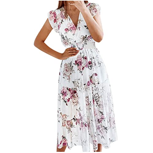 Fannyfuny Kleider Damen Sommer Knielang Boho Lange Kleider Boho Drucken MaxiKleid Prinzessinnenkleid Brautjungfernkleid Sommerkleid Bodycon Kleid Festlich Hochzeit Casual Blusekleid Strandkleid von Fannyfuny