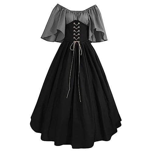 Fannyfuny Kostüm Hexe Mädchen Damen Mittelalter Kleid Mittelalterliche Kostüme French Maid Schürze Damen Retro Mittelalter Kleid ausgestellte Ärmel Korsett Festlich Party Halloween Gothic Kleider von Fannyfuny