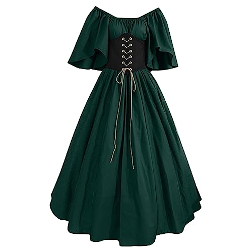 Fannyfuny Kostüm Hexe Mädchen Damen Mittelalter Kleid Mittelalterliche Kostüme French Maid Schürze Damen Retro Mittelalter Kleid ausgestellte Ärmel Korsett Festlich Party Halloween Gothic Kleider von Fannyfuny