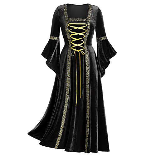 Fannyfuny Mittelalter Kleidung Damen Leinen Trompetenärmel Bodenlanges Schnürkleid Damen Abendkleid Gothic Kleider Mittelalter Renaissance Königin Kleider Renaissance Gotisch Maxikleid von Fannyfuny