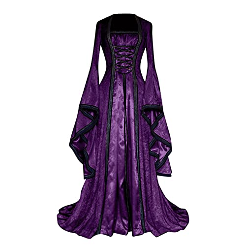 Fannyfuny Renaissance Kleid Damen Trompetenärmel Bodenlanges Schnürkleid Cosplay Kostüm Gothic Kleider Halloween Karneval Kostüm Damen Vintage Maxikleid Karneval Halloween Party Prinzessin Kostüm von Fannyfuny