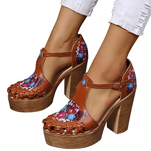 Fannyfuny Sandalen Damen Mit Absatz High Heels Sandaletten Schuhe Pumps Modische Kleid Blockabsatz Riemchensandalen Open Toe Freizeitschuhe, Braun, 41 EU von Fannyfuny
