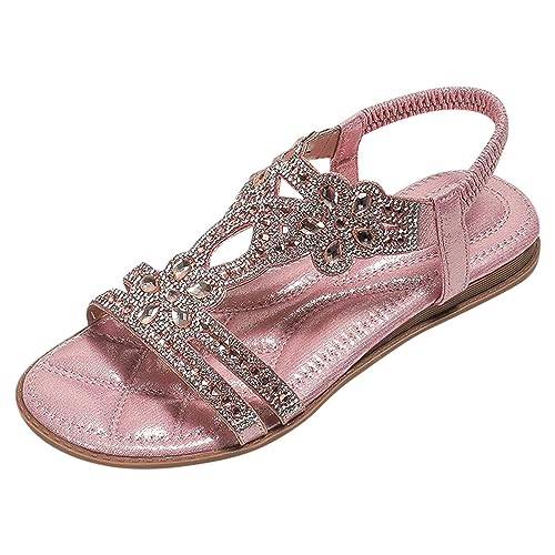 Fannyfuny Sandalen Damen Sommer Elegant Flache Sandalen Damen Strass Bohemia T-Riemen Frauen Sandalen Weichen Sohlen Sommerschuhe Gummiband Slingback Zehentrenner Sandalen Mädchen Strandschuhe von Fannyfuny