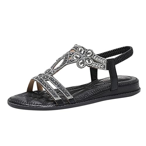 Fannyfuny Sandalen Damen Sommer Elegant Flache Sandalen Damen Strass Bohemia T-Riemen Frauen Sandalen Weichen Sohlen Sommerschuhe Gummiband Slingback Zehentrenner Sandalen Mädchen Strandschuhe von Fannyfuny