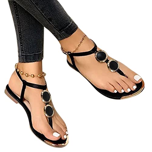 Fannyfuny Sandalen Damen Sommer Elegant Flache Sandalen Damen Strass Bohemia T-Riemen Frauen Sandalen Weichen Sohlen Sommerschuhe Gummiband Slingback Zehentrenner Sandalen Mädchen Strandschuhe von Fannyfuny