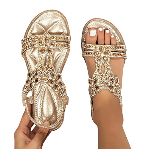 Fannyfuny Sandalen Damen Sommer Elegant Flache Sandalen Damen Strass Bohemia T-Riemen Frauen Sandalen Weichen Sohlen Sommerschuhe Gummiband Slingback Zehentrenner Sandalen Mädchen Strandschuhe von Fannyfuny