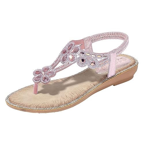 Fannyfuny Sandalen Damen Sommer Elegant Flache Sandalen Damen Strass Bohemia T-Riemen Frauen Sandalen Weichen Sohlen Sommerschuhe Gummiband Slingback Zehentrenner Sandalen Mädchen Strandschuhe von Fannyfuny