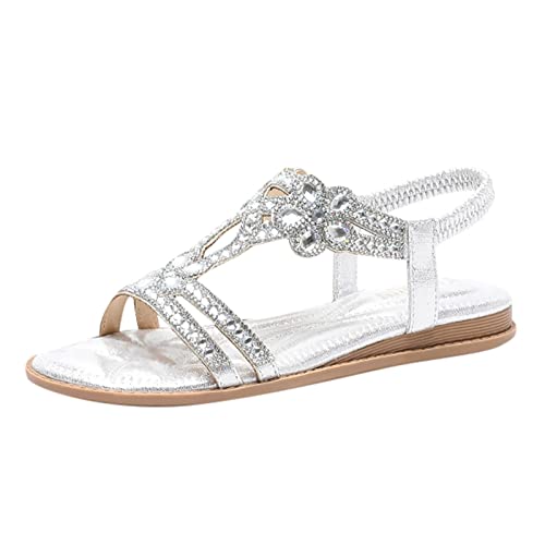 Fannyfuny Sandalen Damen Sommer Elegant Flache Sandalen Damen Strass Bohemia T-Riemen Frauen Sandalen Weichen Sohlen Sommerschuhe Gummiband Slingback Zehentrenner Sandalen Mädchen Strandschuhe von Fannyfuny