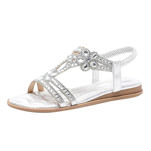Fannyfuny Sandalen Damen Flache Strass Bohemia T-Riemen Frauen Weichen Sohlen Gummiband Slingback Zehentrenner Mädchen Strandschuhe, Silber, 38 EU von Fannyfuny