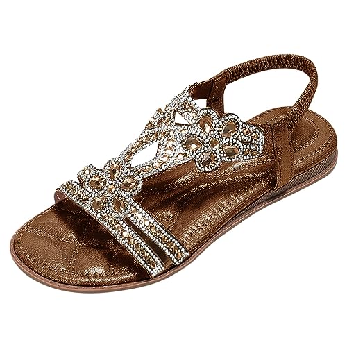 Fannyfuny Sandalen Damen Sommer Elegant Flache Sandalen Damen Strass Bohemia T-Riemen Frauen Sandalen Weichen Sohlen Sommerschuhe Gummiband Slingback Zehentrenner Sandalen Mädchen Strandschuhe von Fannyfuny