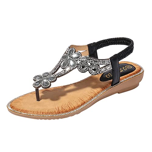 Fannyfuny Sandalen Damen Sommer Elegant Flache Sandalen Damen Strass Bohemia T-Riemen Frauen Sandalen Weichen Sohlen Sommerschuhe Gummiband Slingback Zehentrenner Sandalen Mädchen Strandschuhe von Fannyfuny