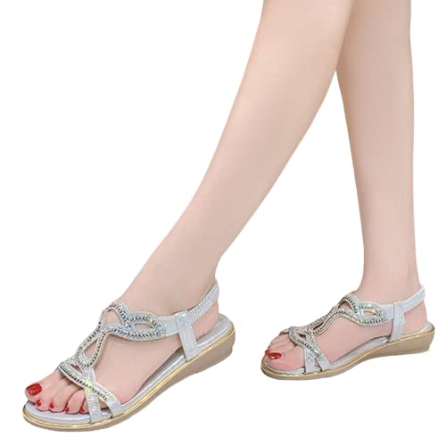 Fannyfuny Sandalen Damen Sommer Elegant Flache Sandalen Damen Strass Bohemia T-Riemen Frauen Sandalen Weichen Sohlen Sommerschuhe Gummiband Slingback Zehentrenner Sandalen Mädchen Strandschuhe von Fannyfuny