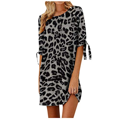 Fannyfuny Sommerkleid Damen Kleider Rundhals Leopard Blusenkleid Freizeitkleid Strandkleider für Frauen Langarm Minikleid Lose Tunika mit Bowknot Ärmeln von Fannyfuny