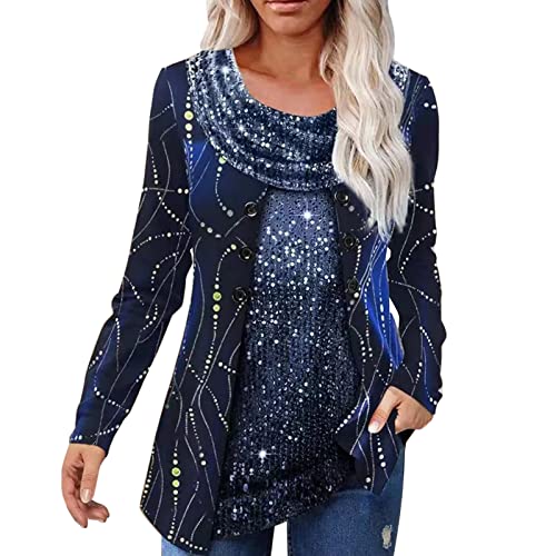 Fannyfuny Tunika Damen Elegant Pailletten Oberteil Festliche Bluse 3/4 Arm Tunika Lässig Rundhals Glitzer Oberteile Langarmshirt Glitzer Oberteile Festlich Silber Damenbluse Große Größen von Fannyfuny