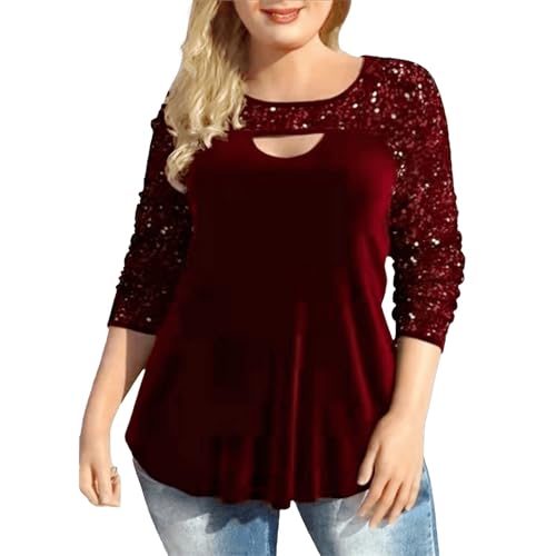 Fannyfuny Tunika Damen Elegant Pailletten Oberteil Festliche Bluse Langarm Tunika Lässig Rundhals Glitzer Oberteile Langarmshirt Tops Blusen Loses Oberteil in Übergröße von Fannyfuny