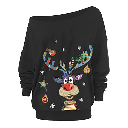 Fannyfuny Weihnachtsbluse Damen Langarm Weihnachten T_Shirt Pullover Bluse Tops Frauen Casual Warm Weihnachtsmann Print Shirt Lady Fashion Tops Fashion Regular Solid Plus Größe Langarmshirt Oberteile von Fannyfuny