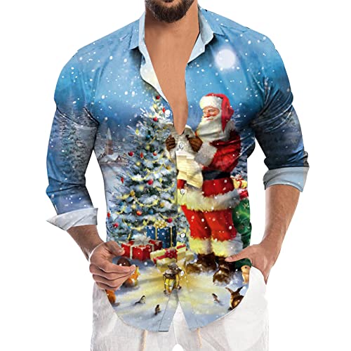 Fannyfuny Weihnachtshemd Herren Langarm, Weihnachten Muster 3D Bedruckte Hemd Freizeithemd Männer Langärm Slim Fit Christmas Shirt Hawaiihemd Stehkragen Lustige Funky Hemden Langarmhemd Langarmshirt von Fannyfuny